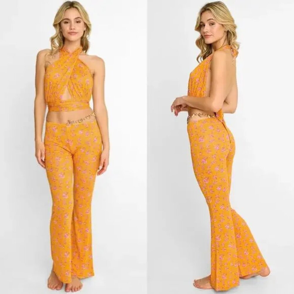 Beach Bunny Orange Floral Wide Leg Pants